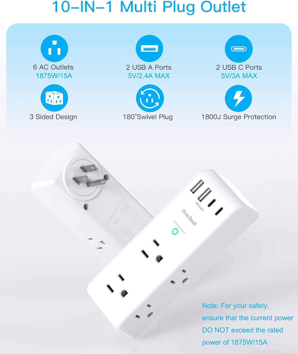 Surge Protector Outlet Extender with Rotating Plug, Multi Plug Wall Outlet | 6 AC Outlet Splitter 4 USB Ports (2 USB C),1800J USB Wall Charger, Plug Adapter Power Strip for Home Office Dorm Room Travel - Image 3