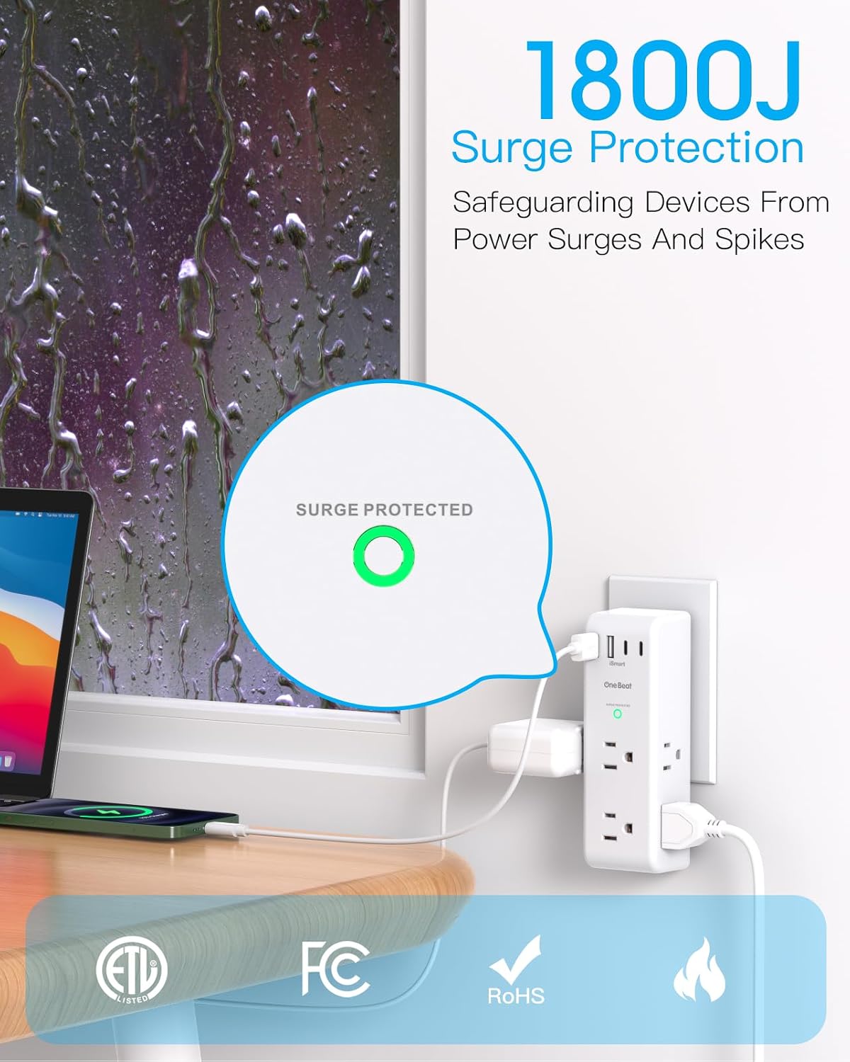 Surge Protector Outlet Extender with Rotating Plug, Multi Plug Wall Outlet | 6 AC Outlet Splitter 4 USB Ports (2 USB C),1800J USB Wall Charger, Plug Adapter Power Strip for Home Office Dorm Room Travel - Image 5