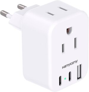 European Travel Plug Adapter, International Power Adapter, US to Europe | HANYCONY 2 Outlets 3 USB Ports(2 USB C), Type C Plug Adapter to Italy Spain France Portugal Iceland Germany Travel Essentials