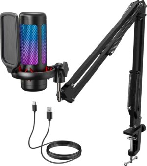 TONOR Gaming Microphone Set with Boom Arm, Vocal Condenser Microphone for Content Creators, USB Mic for PC with Stand, RGB, Tap Mute, Gain Control, Gaming Equipemnt, Twitch, Streaming, TC310+