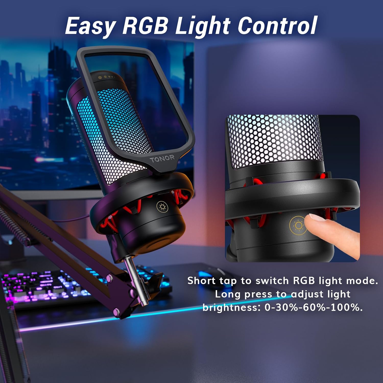 TONOR Gaming Microphone Set with Boom Arm, Vocal Condenser Microphone for Content Creators, USB Mic for PC with Stand, RGB, Tap Mute, Gain Control, Gaming Equipemnt, Twitch, Streaming, TC310+ - Image 4