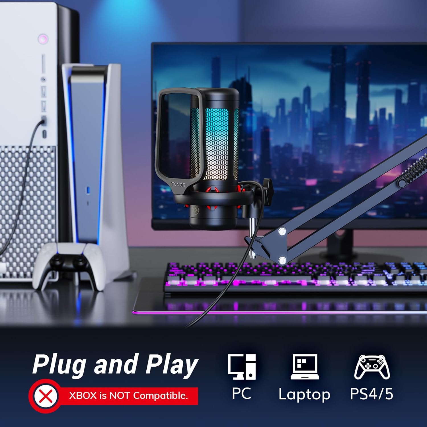 TONOR Gaming Microphone Set with Boom Arm, Vocal Condenser Microphone for Content Creators, USB Mic for PC with Stand, RGB, Tap Mute, Gain Control, Gaming Equipemnt, Twitch, Streaming, TC310+ - Image 7